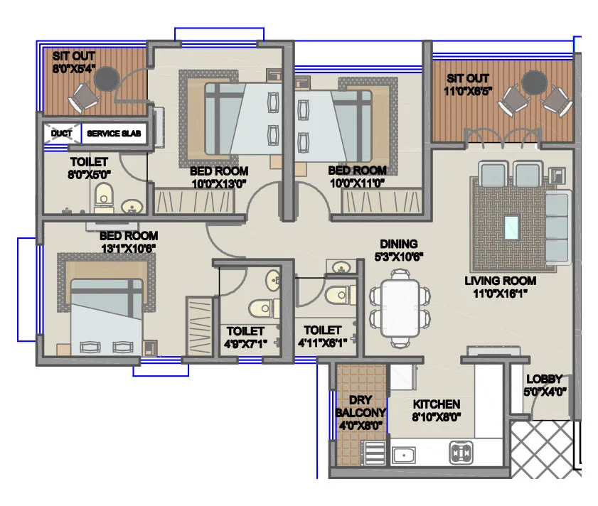 Miravet District Ravet 3BHK Floorplan